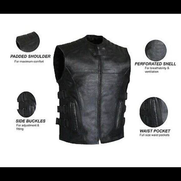 Swat Style Leather Vest Men Perforated Motorcycle Tactical Black Concealed Carry - Picture 2 of 5